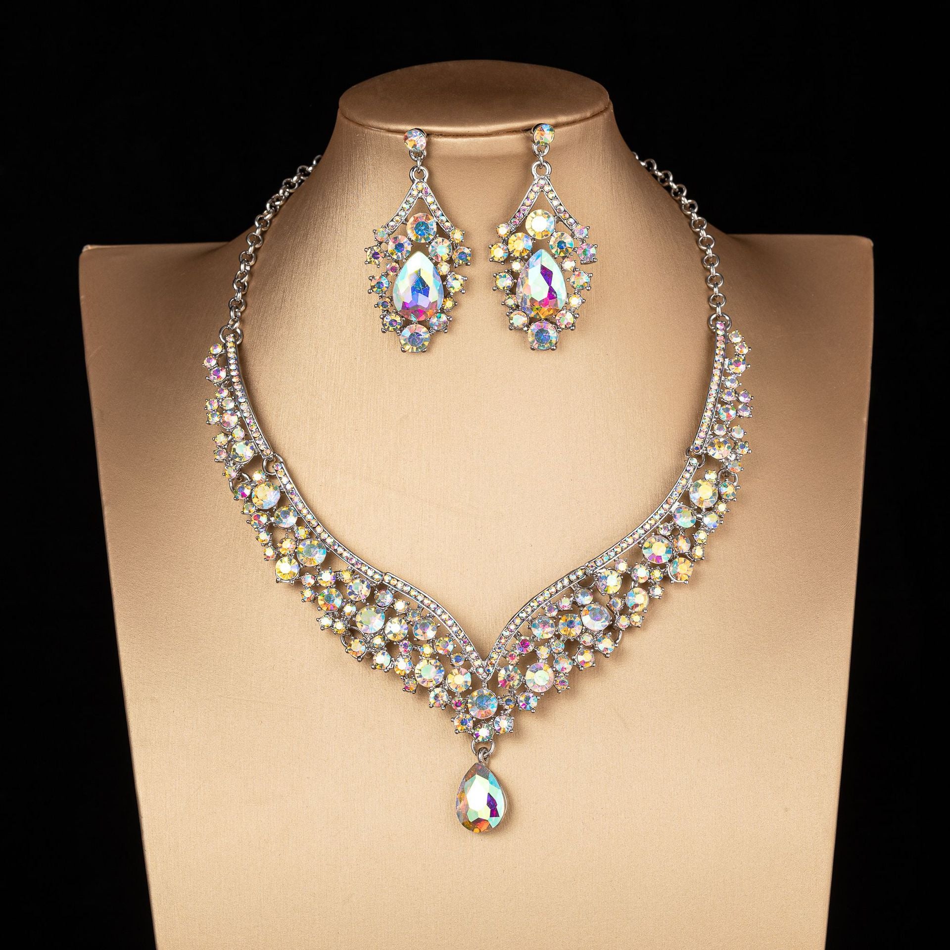 Baroque Crystal Water Drop Bridal Jewelry Sets Rhinestone Tiaras Crown Necklace Earrings For Bride Wedding Dubai Jewelry Set