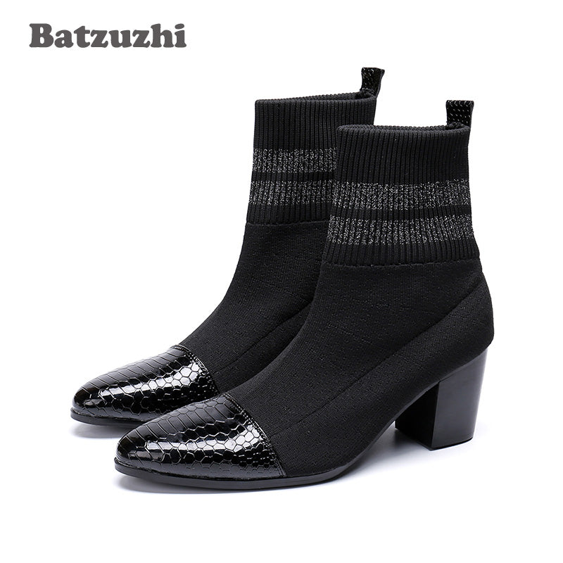 Batzuzhi Italian Type Boots Men Pointed Toe Black Fashion Short Boots For Men 7Cm High Heels Party, Motorcycle Boots Men Botas