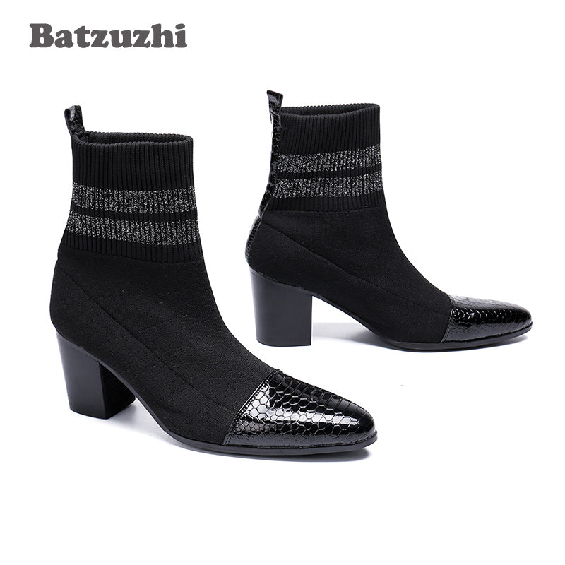 Batzuzhi Italian Type Boots Men Pointed Toe Black Fashion Short Boots For Men 7Cm High Heels Party, Motorcycle Boots Men Botas
