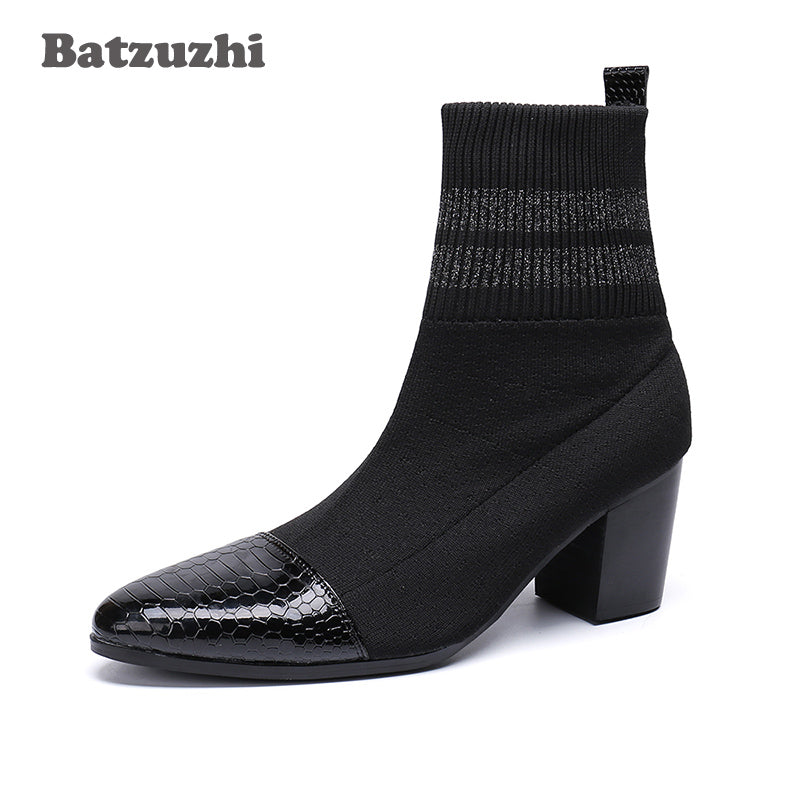 Batzuzhi Italian Type Boots Men Pointed Toe Black Fashion Short Boots For Men 7Cm High Heels Party, Motorcycle Boots Men Botas