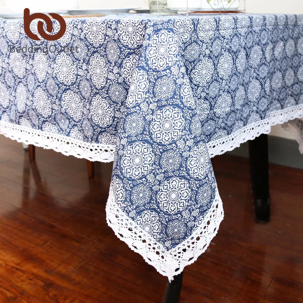 Beddingoutlet Blue Flower Tablecloth Cotton And Linen Dinner Table Cloth Macrame Decoration Lacy Table Cover Elegant 9 Size