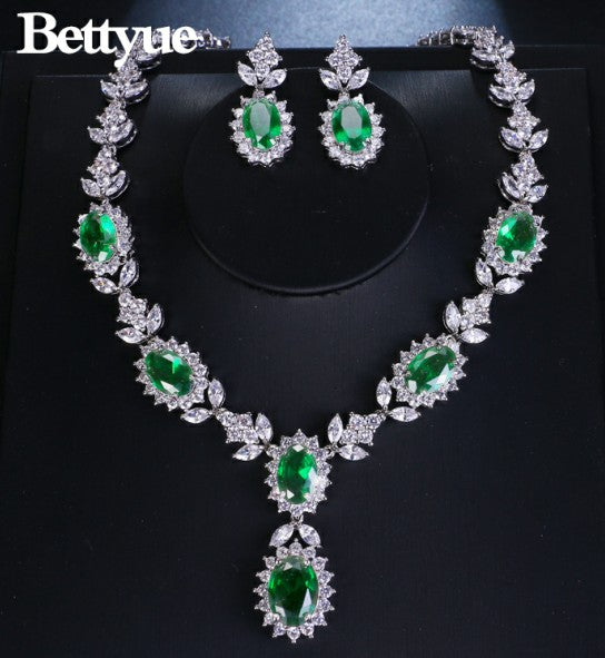 Bettyue Brand Charm Fashion Luxury Jewelry Sets Aaa Zircon Green Geometric Florid Bridal Jewelry Set For Woman Wedding Gift