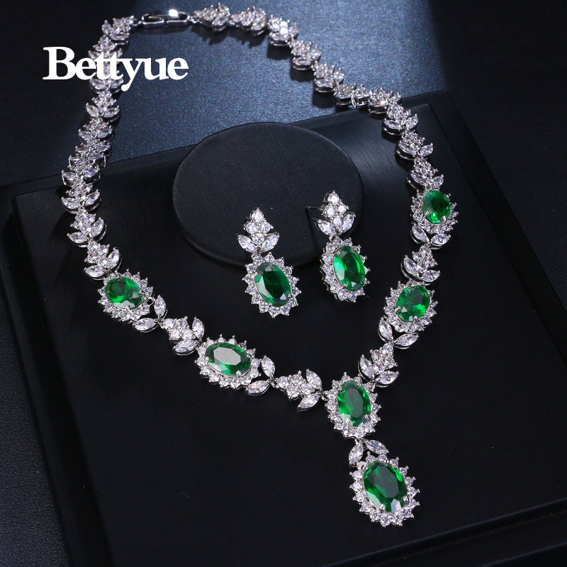 Bettyue Brand Charm Fashion Luxury Jewelry Sets Aaa Zircon Green Geometric Florid Bridal Jewelry Set For Woman Wedding Gift