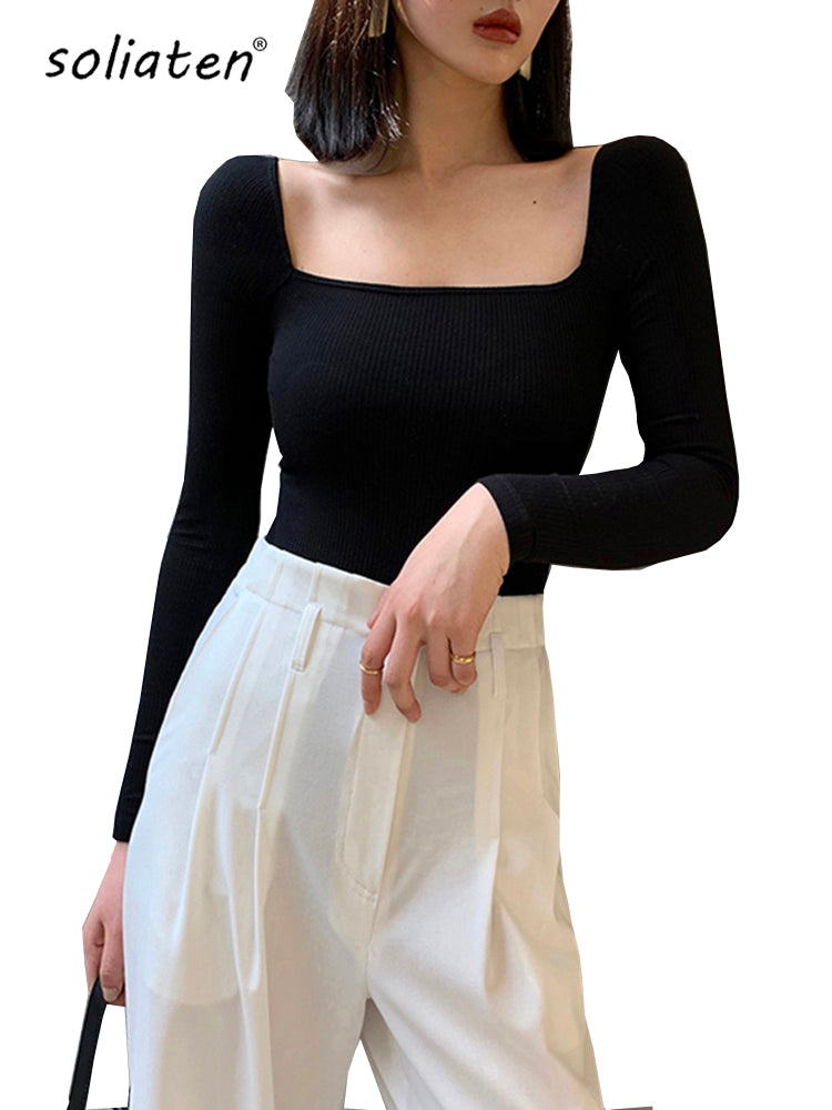 Black Office Lady Elegant Scoop Neck Long Sleeve Solid Mercerized Cotton Pullovers Tee 2023 Casual Women Y2K T-Shirt B-026