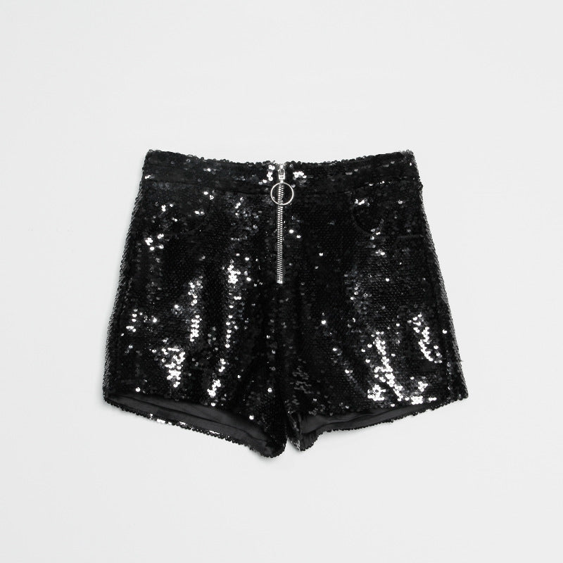 Bling Sexy Women Sequin Shorts High Waist O-Ring Zip Bodycon Shorts Feminino Skinny Party Club Festival Raves Pole Dance Shorts