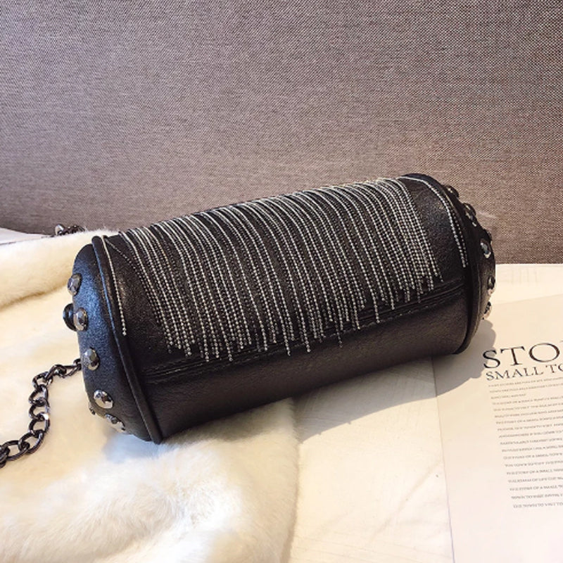 Buylor Black Chains Shoulder Bags For Women New Fashion 2021 Luxury Designer Small Rivet Tassel Cross Body Bag