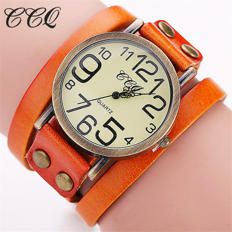 Ccq Brand Fashion Vintage Cow Leather Bracelet Watches Women Dress Wristwatch Quartz Watch Relogio Feminino