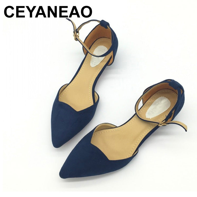 Ceyaneao  Sexy Women Buckle Strap Low Heels Pumps Pointed Toe Flock D'Orsay Heels Shoes For Woman Ladies Single Shoes Blue