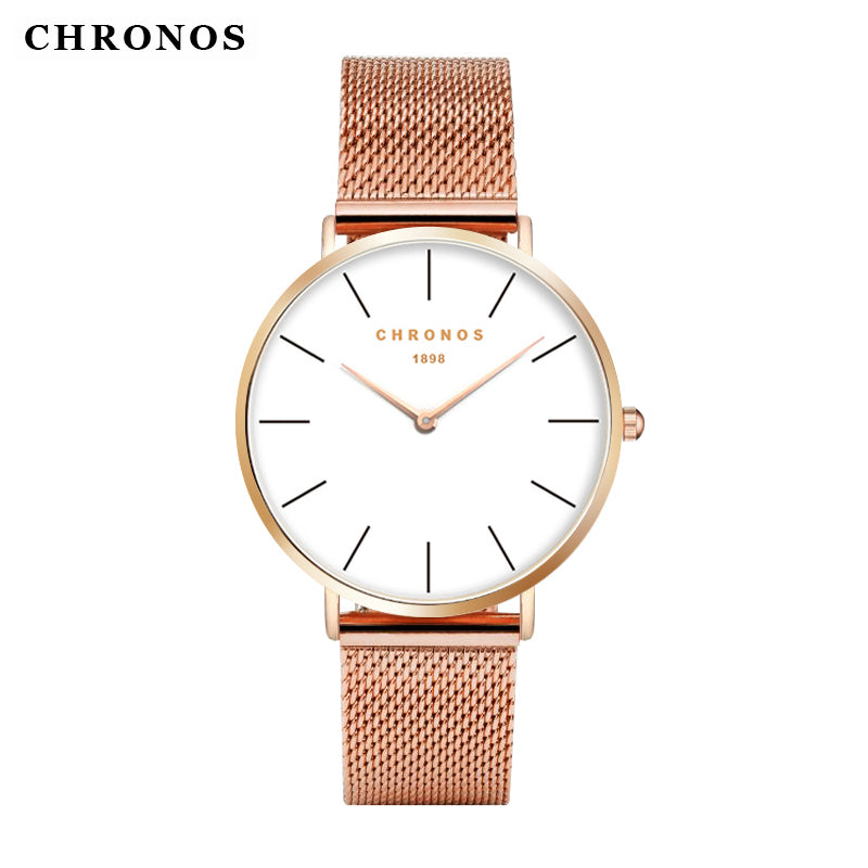 Chronos Women Men Watch Simple Dial Fashion Unisex Casual Dress Quartz Stainless Steel Mesh Watch Silver Clock Relogio Feminino