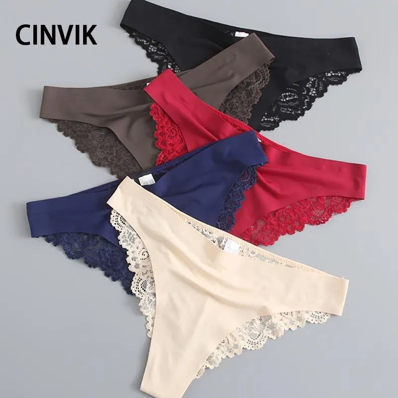 Cinvik Sexy Lace G String Panties Women Nylon Silk Panty Thong Briefs Underwear Lingerie Female Ladies Floral Pantys Underpants