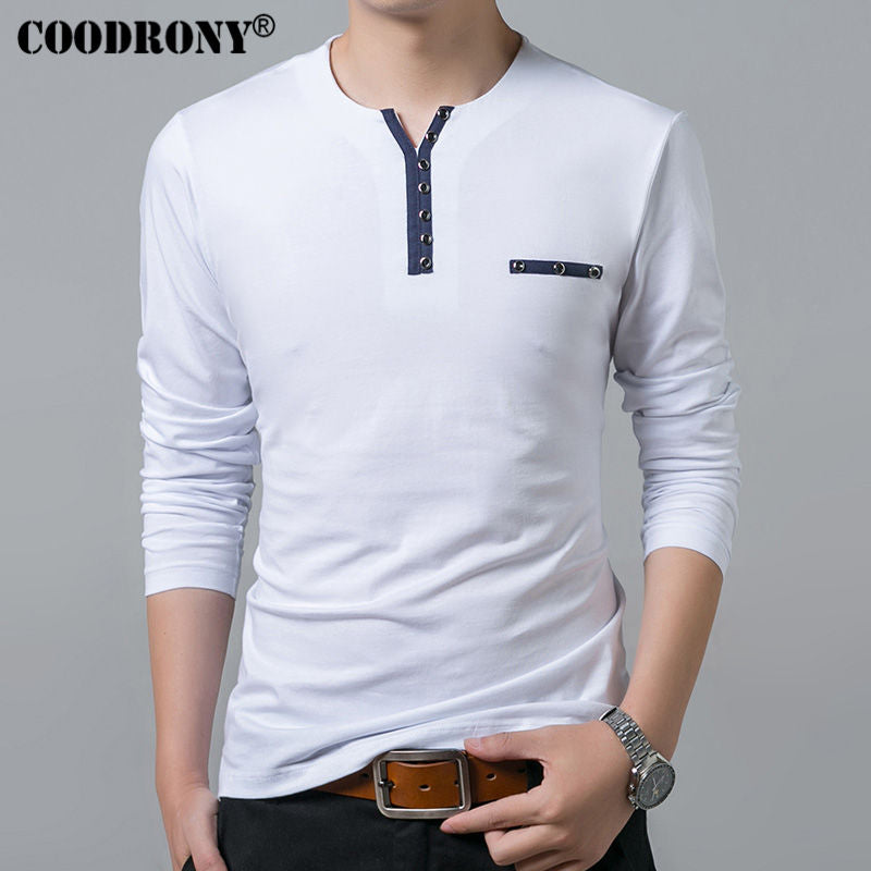 Coodrony Cotton T Shirt Men 2020 Spring Autumn New Long Sleeve T-Shirt Men Henry Collar Tee Shirt Men Fashion Casual Tops 7617
