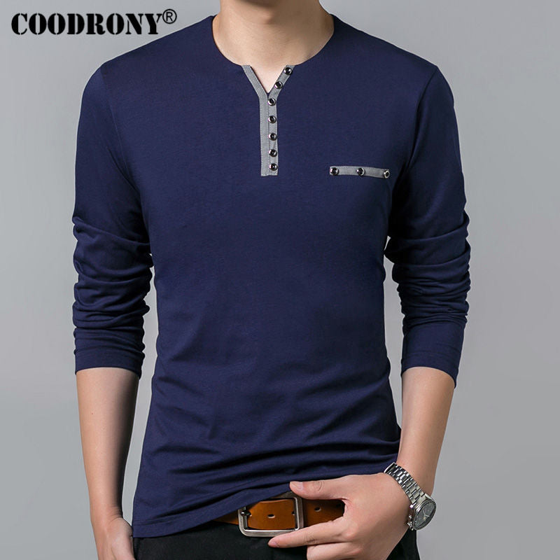 Coodrony Cotton T Shirt Men 2020 Spring Autumn New Long Sleeve T-Shirt Men Henry Collar Tee Shirt Men Fashion Casual Tops 7617