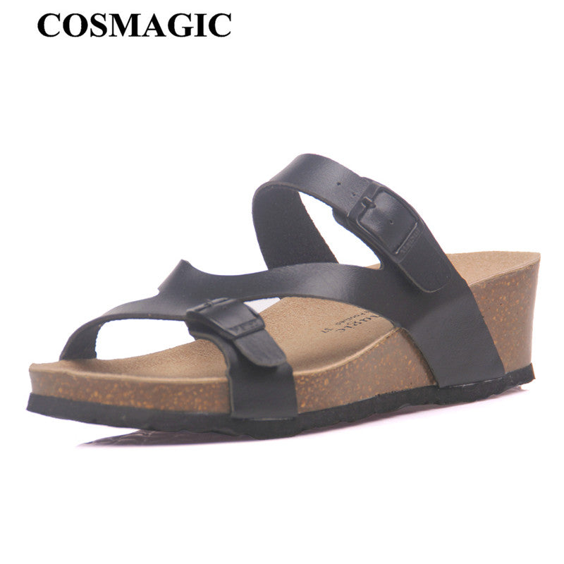 Cosmagic Fashion Women Wedge Cork Slipper 2023 New Summer Beach Outside Buckle Trifle Platform Med Heel Slide Shoe
