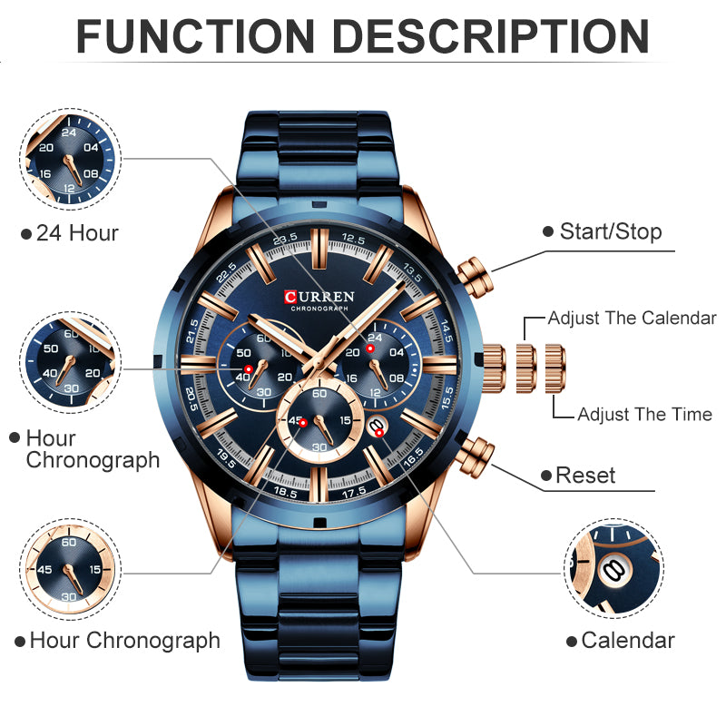 Curren Watches For Men Top Brand Luxury Fashion Casual Clock Stainless Steel Chronograph Quartz Men'S Watch Relogio Masculino