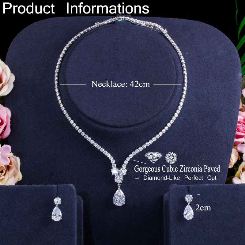 Cwwzircons Fashion Cubic Zirconia Water Drop Pendant Necklace And Earrings Bridal Wedding Jewelry Sets For Brides Party T397