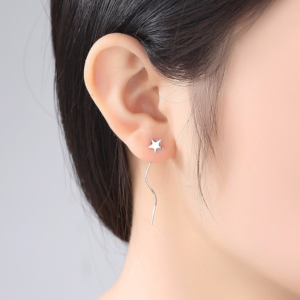 Czcity Pentagram Star Earrings For Women Trendy Tiny 925 Sterling Silver Star Stud Dangle Chain Earrings Brincos Bijoux Gifts