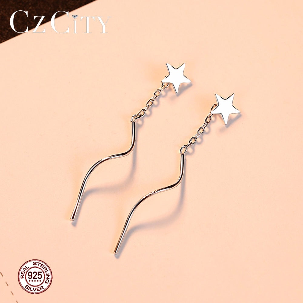 Czcity Pentagram Star Earrings For Women Trendy Tiny 925 Sterling Silver Star Stud Dangle Chain Earrings Brincos Bijoux Gifts