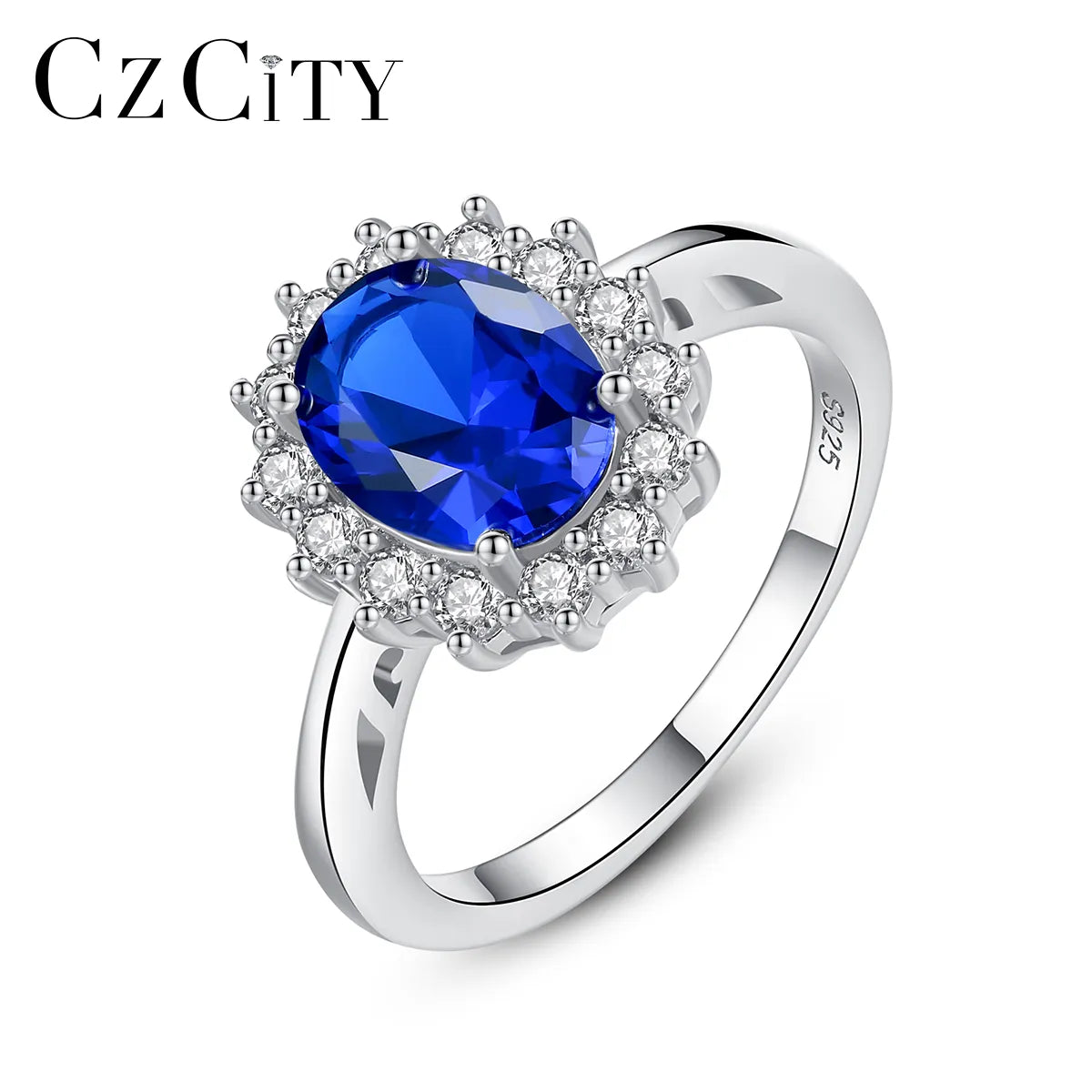 Czcity Synthetic Gemstone Sapphire 925 Sterling Silver Rings For Women Luxury Diana Princess Wedding Bridal Charm Fine Jewellery