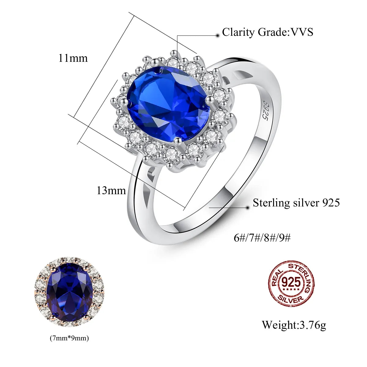Czcity Synthetic Gemstone Sapphire 925 Sterling Silver Rings For Women Luxury Diana Princess Wedding Bridal Charm Fine Jewellery