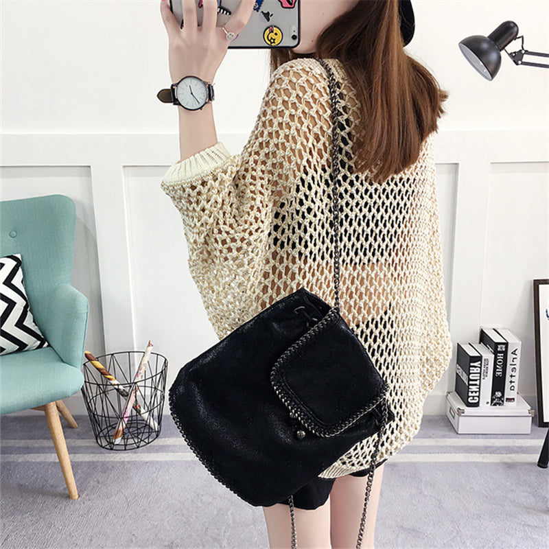 Casual Loose Korean Style Women Tops Hollow O-Neck Long Sleeve Jumper Ladies Pullover Casual Casual Female Knit Sweater