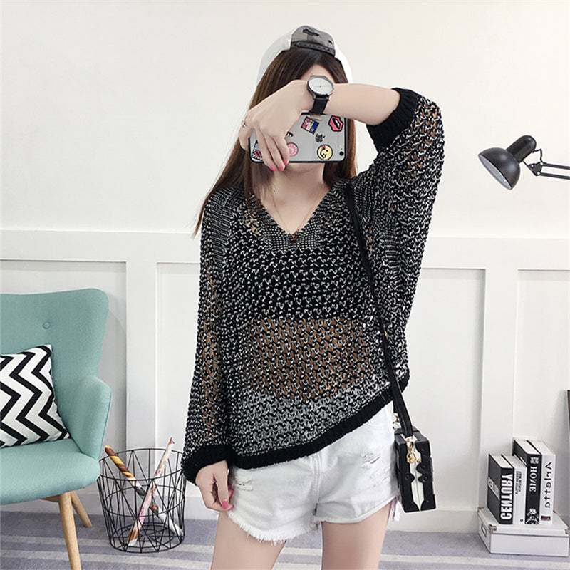 Casual Loose Korean Style Women Tops Hollow O-Neck Long Sleeve Jumper Ladies Pullover Casual Casual Female Knit Sweater