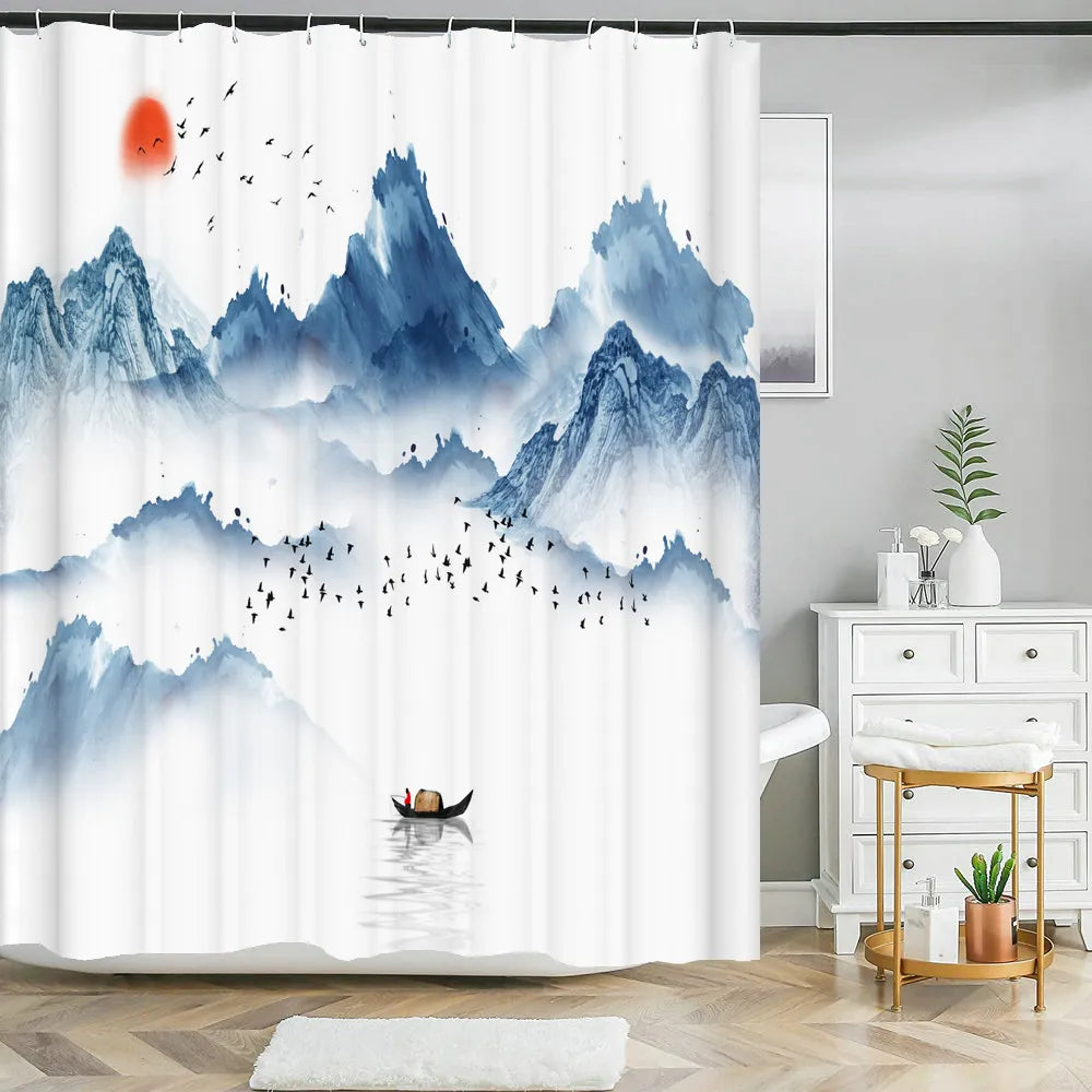 Chinese Style Flower Bird Shower Curtains Waterproof Bathroom   Curtain 3D Printed Fabric With Hooks Decoration Shower Curtain