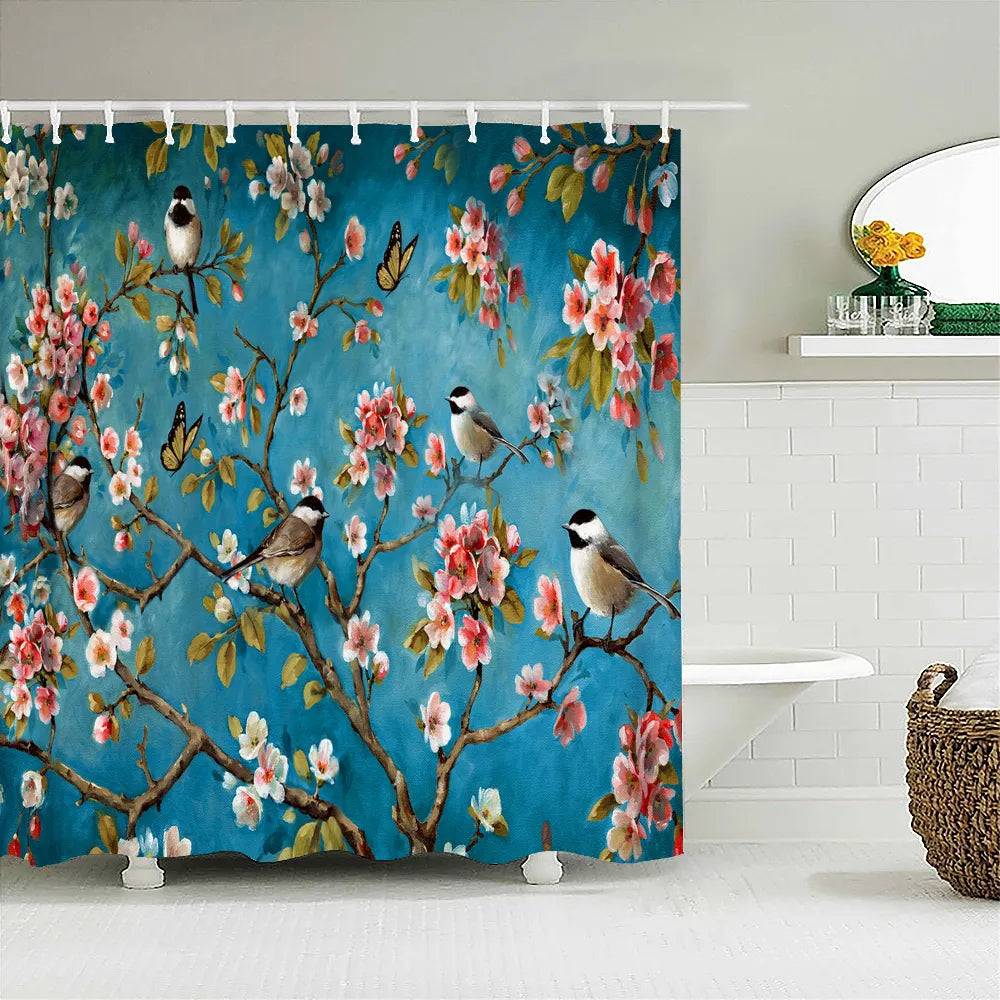 Chinese Style Flower Bird Shower Curtains Waterproof Bathroom   Curtain 3D Printed Fabric With Hooks Decoration Shower Curtain