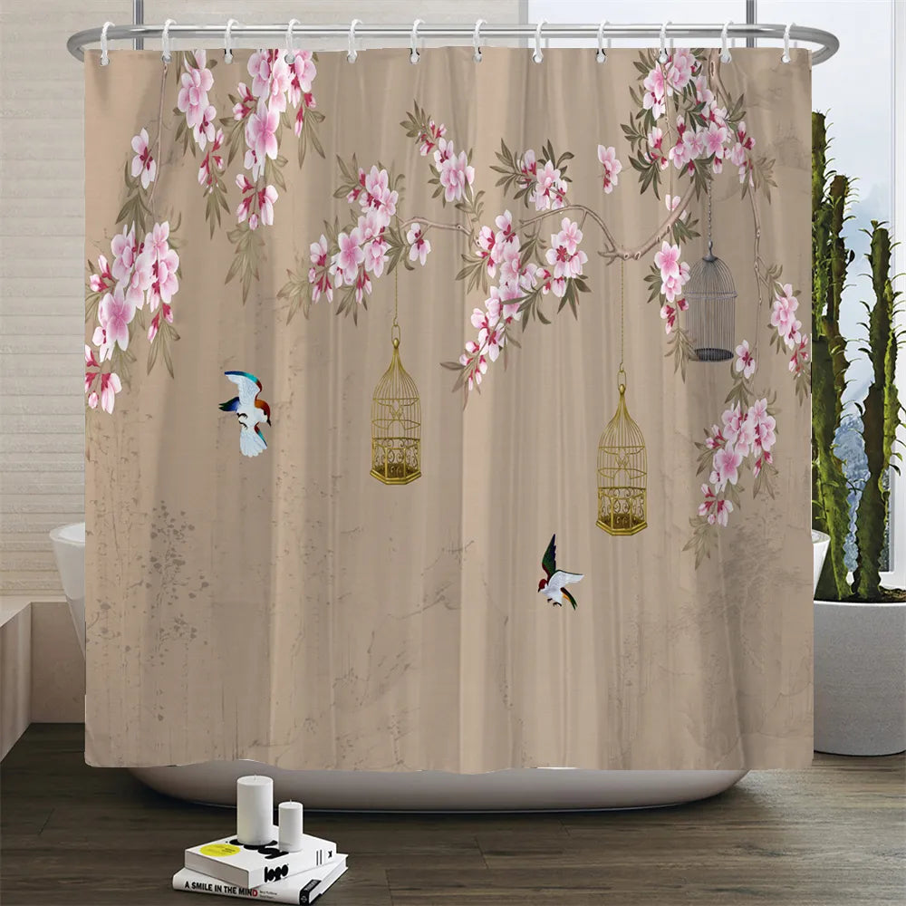 Chinese Style Flower And Birds Tree Shower Curtains Bath Curtain Waterproof Bathroom Decor With Hooks 3D Printing Bath Curtain