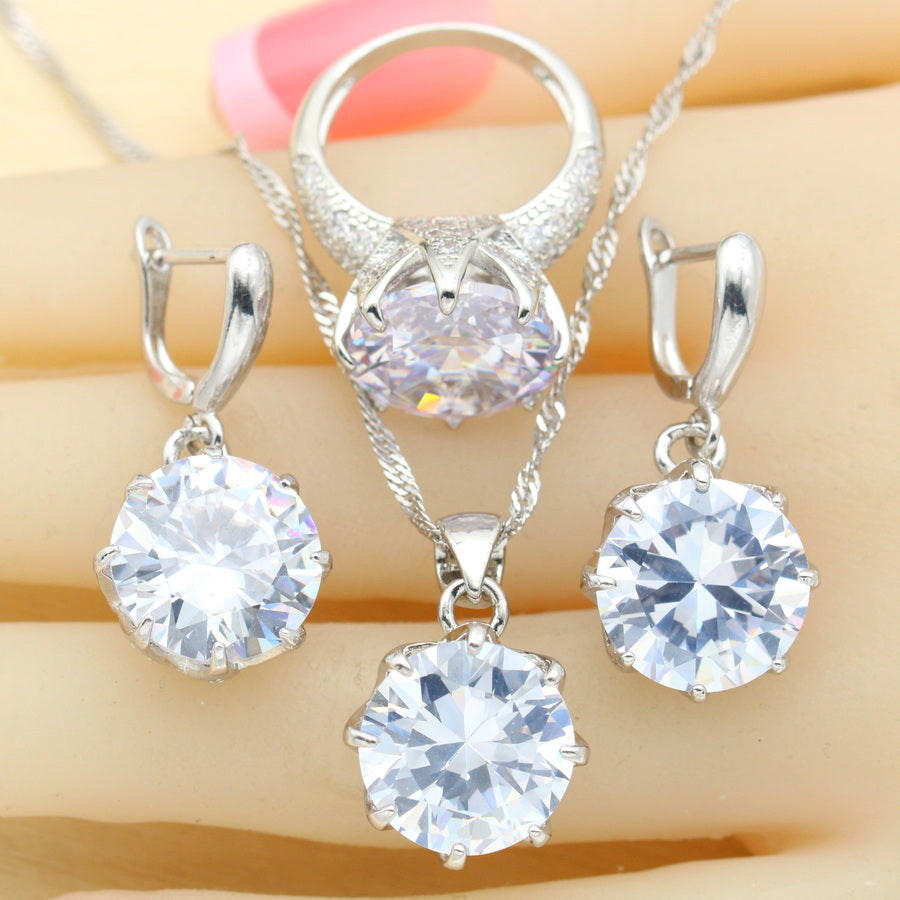 Classic Round White Zirconia  925 Silver Jewelry Sets For Women Necklace Pendant Earrings Rings Usa Size Free Gift Box