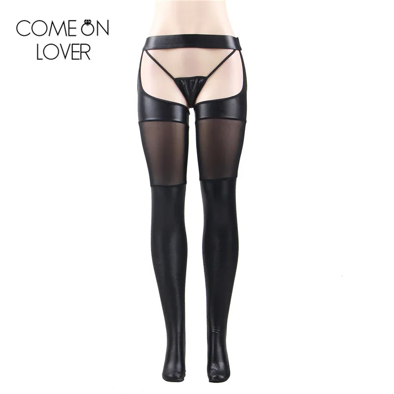 Comeonlover Sexy Faux Leather Panty Hose Open Crotch 2 Pieces Bodystocking And G-String Tights Pantyhose Women Hold Up Stockings