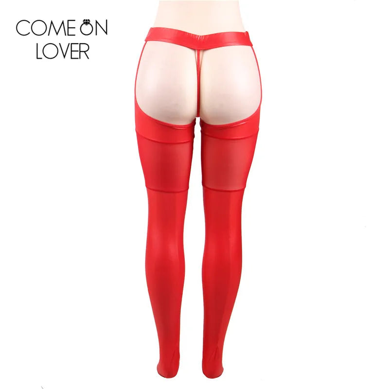 Comeonlover Sexy Faux Leather Panty Hose Open Crotch 2 Pieces Bodystocking And G-String Tights Pantyhose Women Hold Up Stockings