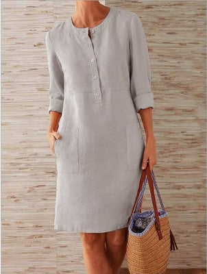 Cotton Linen Long Sleeve  O-Neck Knee Dresses For Women Pocket  Solid Fashion  Party Dress White Black Plus Size Ruched Dress
