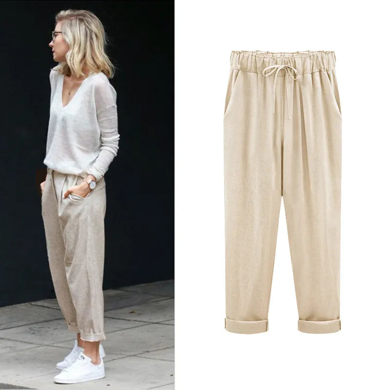 Cotton Linen Pants Elastic High Waist Ankle Length Casual Women Loose Spring Pants
