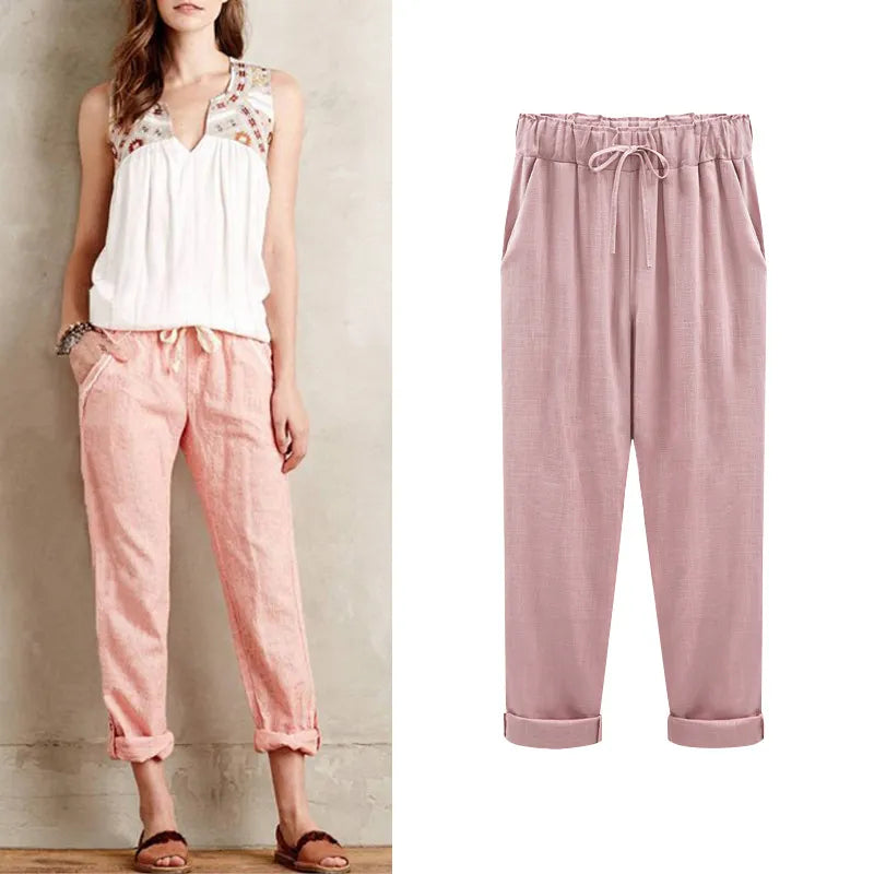 Cotton Linen Pants Elastic High Waist Ankle Length Casual Women Loose Spring Pants