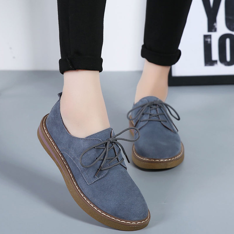 Cow Suede Leather Women Flats Oxford Shoes Spring Ladies Sneakers Loafers Casual Shoe 2018 Moccasin Plus Size Autumn Boat Shoes