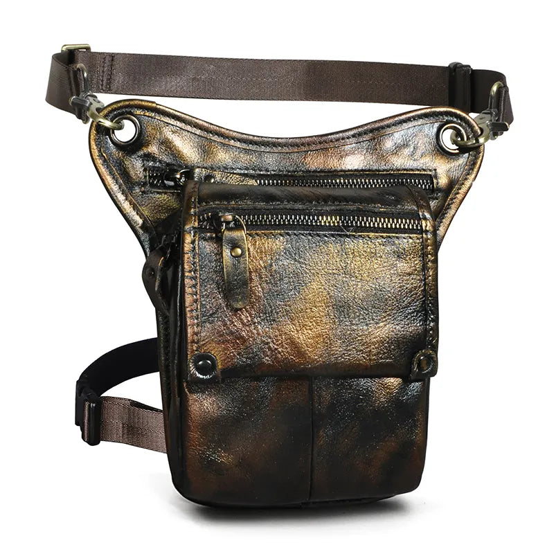 Crazy Horse Leather Men Multi-Function Design Small Messenger Bag Fashion Travel Belt Waist Pack Drop Leg Bag Pouch Male 211-4-D