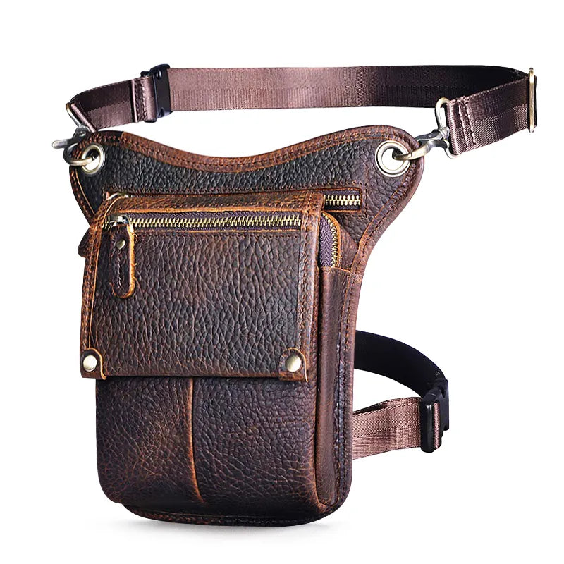 Crazy Horse Leather Men Multi-Function Design Small Messenger Bag Fashion Travel Belt Waist Pack Drop Leg Bag Pouch Male 211-4-D