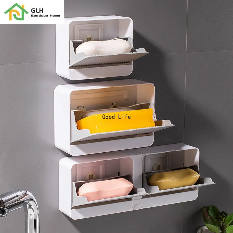Creative Wall Mounted Soap Box With Lid Double Grids Soap Draining Rack Bathroom Soap Holder