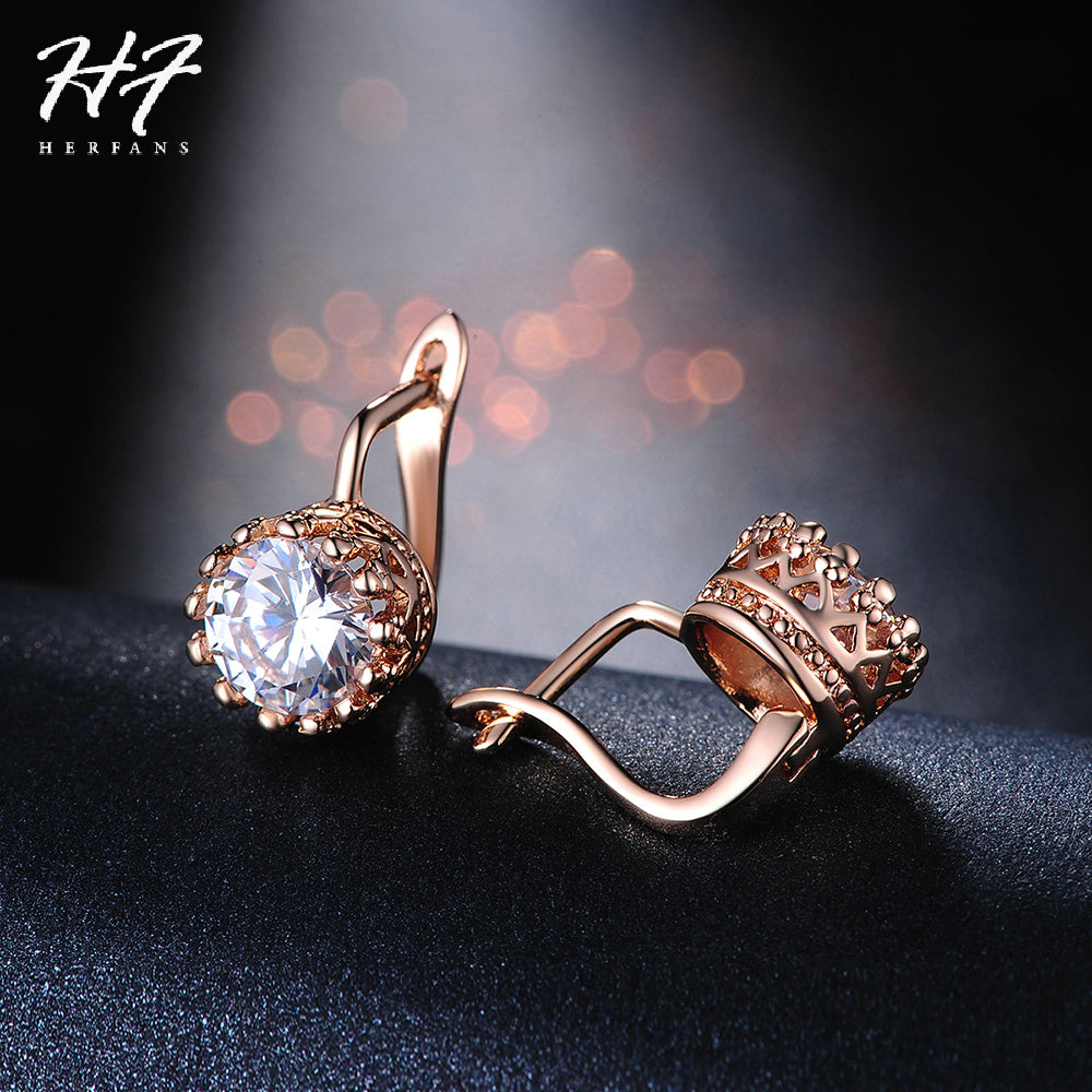 Crown Style Wedding Earrings For Women Rose Gold Color Vintage Shiny Cubic Zircon Crystal Jewelry Women'S Earing E610 E611