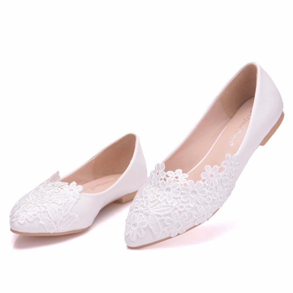 Crystal Queen Ballet Flats White Lace Wedding Shoes Women Slip On Pointed Toe Comfortable Grandmother Boat