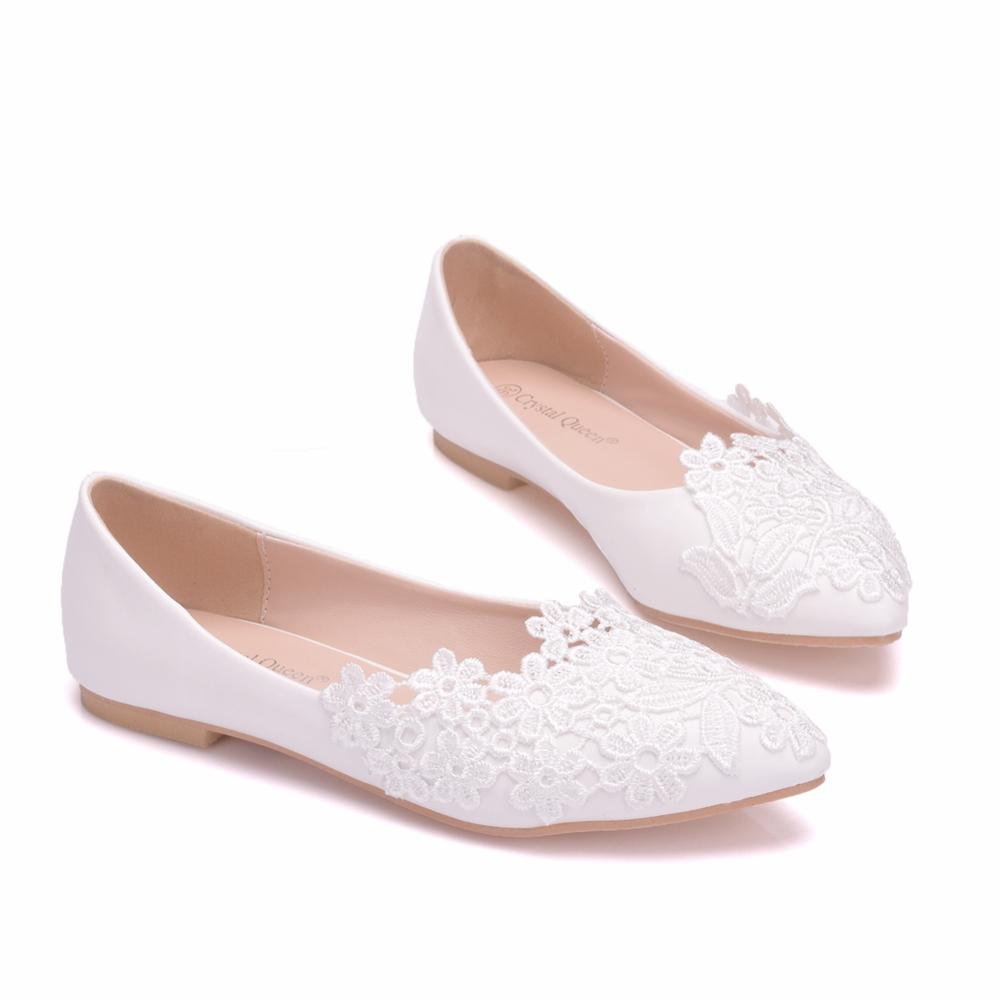 Crystal Queen Ballet Flats White Lace Wedding Shoes Women Slip On Pointed Toe Comfortable Grandmother Boat