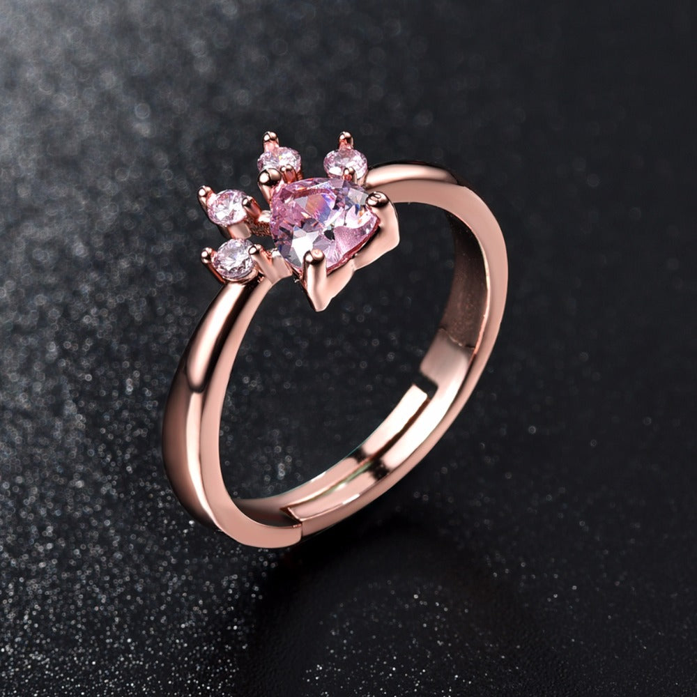 Cute Bear Paw Cat Claw Opening Adjustable Ring Rose Gold Color Rings For Women Wedding Pink Crystal Cz Love Gifts Jewelry