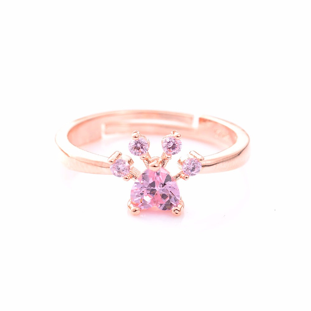 Cute Bear Paw Cat Claw Opening Adjustable Ring Rose Gold Color Rings For Women Wedding Pink Crystal Cz Love Gifts Jewelry