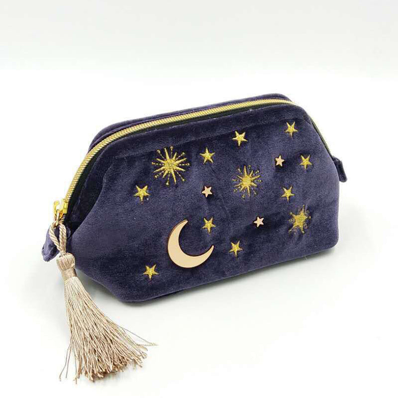 Cute Velvet Embroidery Cosmetic Bag Travel Organizer Women Makeup Bag Zipper Make Up Pouch With Moon Star Tassel Deco