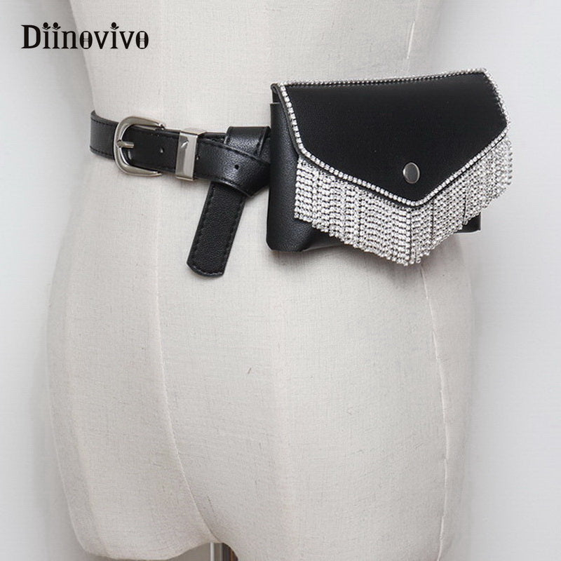 Diinovivo Luxury Designer Fanny Pack Tassel Rhinestone Women Waist Bag Money Phone Pouch Fashion Lady Belt Bag Purses Whdv0698