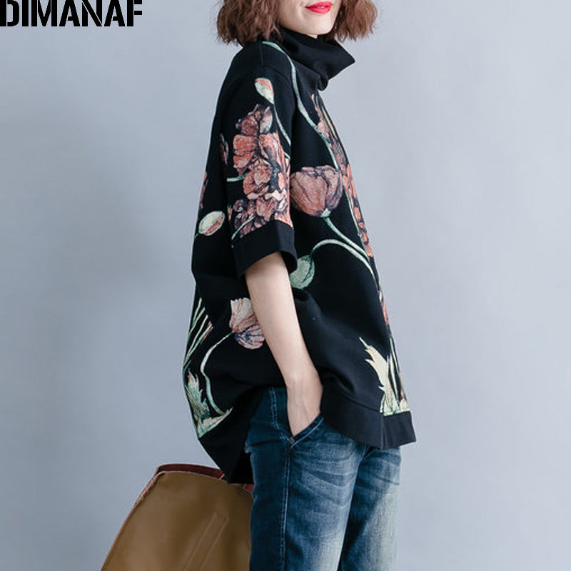 Dimanaf Women Hoodies Sweatshirts Oversize Tops Black Female Turtleneck Pullover Autumn Thinken Cotton Loose 2019 Print Floral