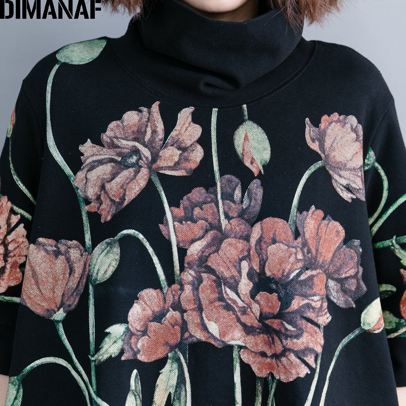 Dimanaf Women Hoodies Sweatshirts Oversize Tops Black Female Turtleneck Pullover Autumn Thinken Cotton Loose 2019 Print Floral
