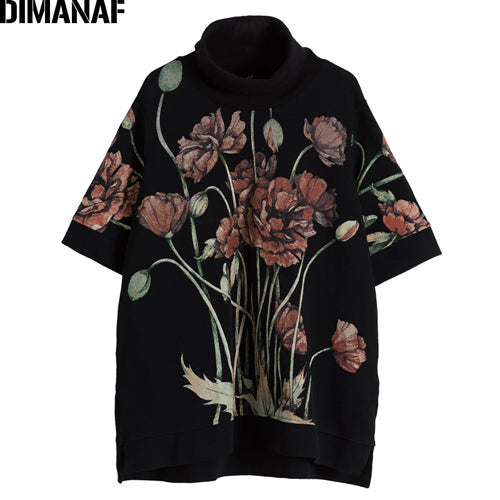 Dimanaf Women Hoodies Sweatshirts Oversize Tops Black Female Turtleneck Pullover Autumn Thinken Cotton Loose 2019 Print Floral