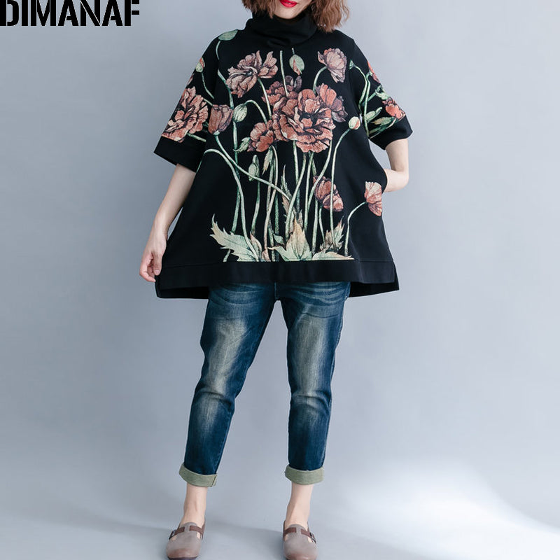 Dimanaf Women Hoodies Sweatshirts Oversize Tops Black Female Turtleneck Pullover Autumn Thinken Cotton Loose 2019 Print Floral