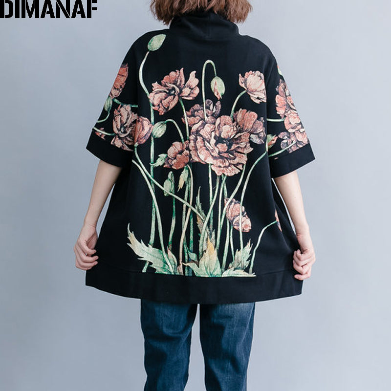 Dimanaf Women Hoodies Sweatshirts Oversize Tops Black Female Turtleneck Pullover Autumn Thinken Cotton Loose 2019 Print Floral